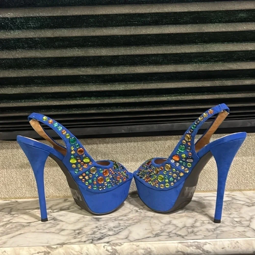 Liliana Women’s Phoebe 2 Heels Rhinestone Peep Toe Platform Slingback‎ Pumps NIB